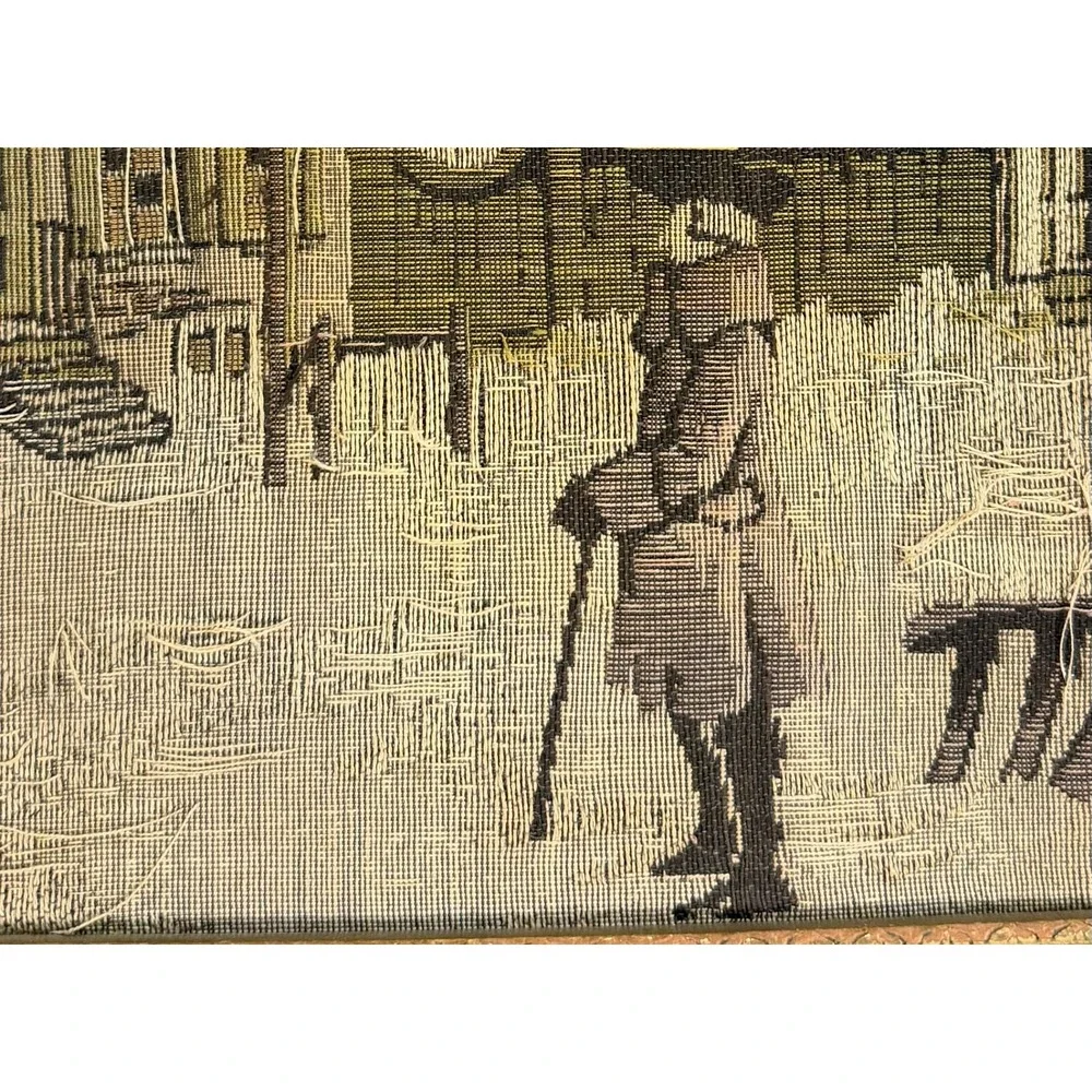 1920 Antique La France Art Company Jacquard Woven Tapestry Winter Village Scene